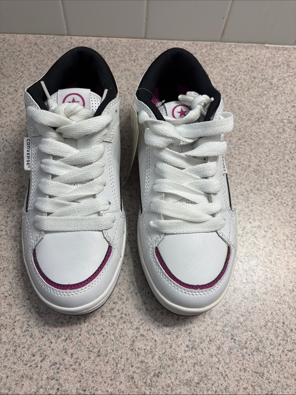 Converse White Leather Low-Top Sneakers with Purple Accents